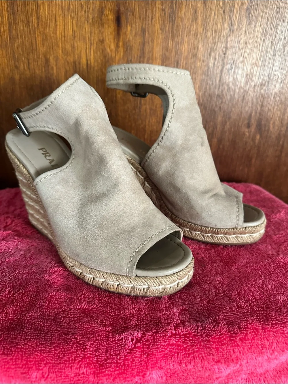 Prada Taupe Suede Open-Toe Espadrille Wedge Sandals